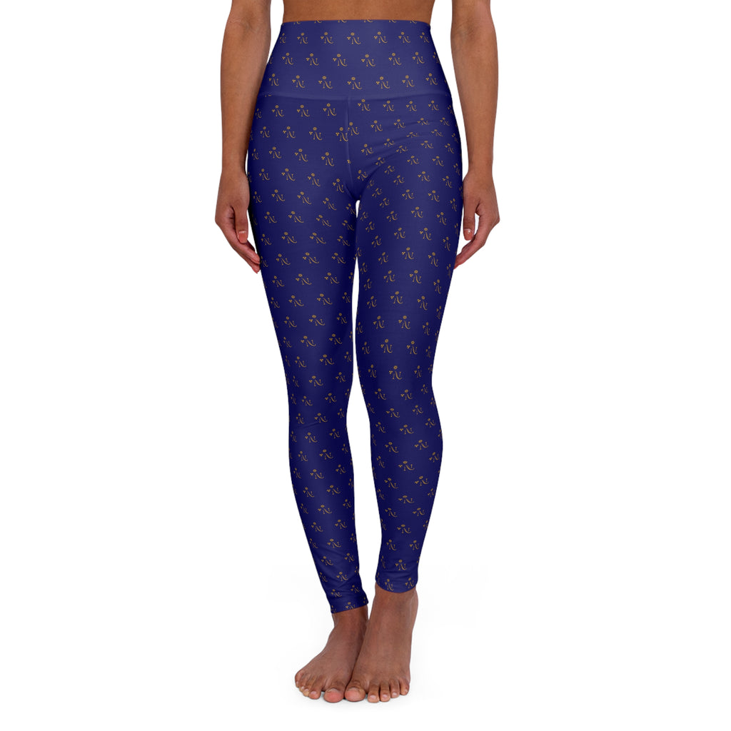 High-Waisted Navy Yoga Leggings with Gold Floral Pattern