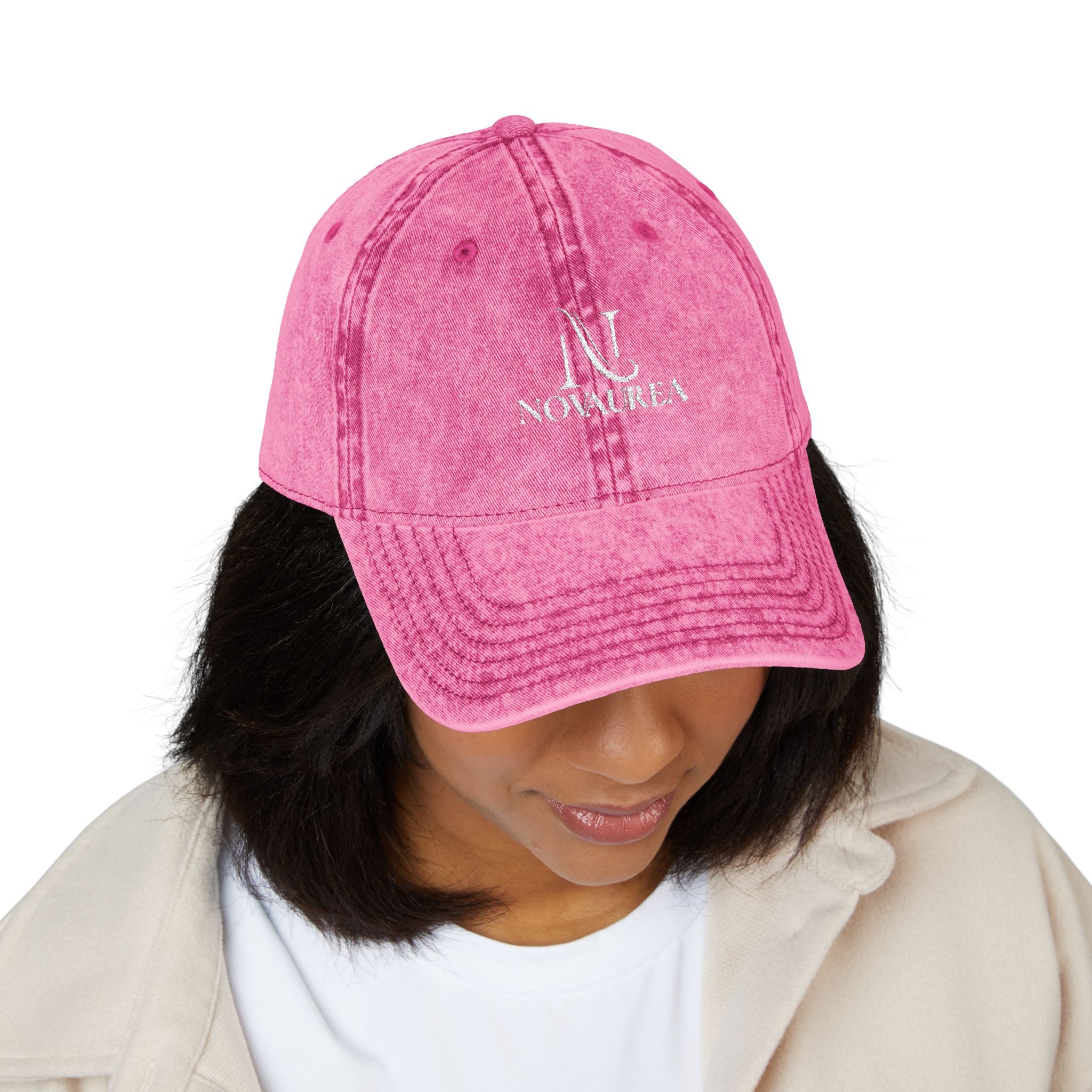 Vintage Embroidered Cap — Distressed Cotton Baseball Hat with 'NOVUREA' Logo