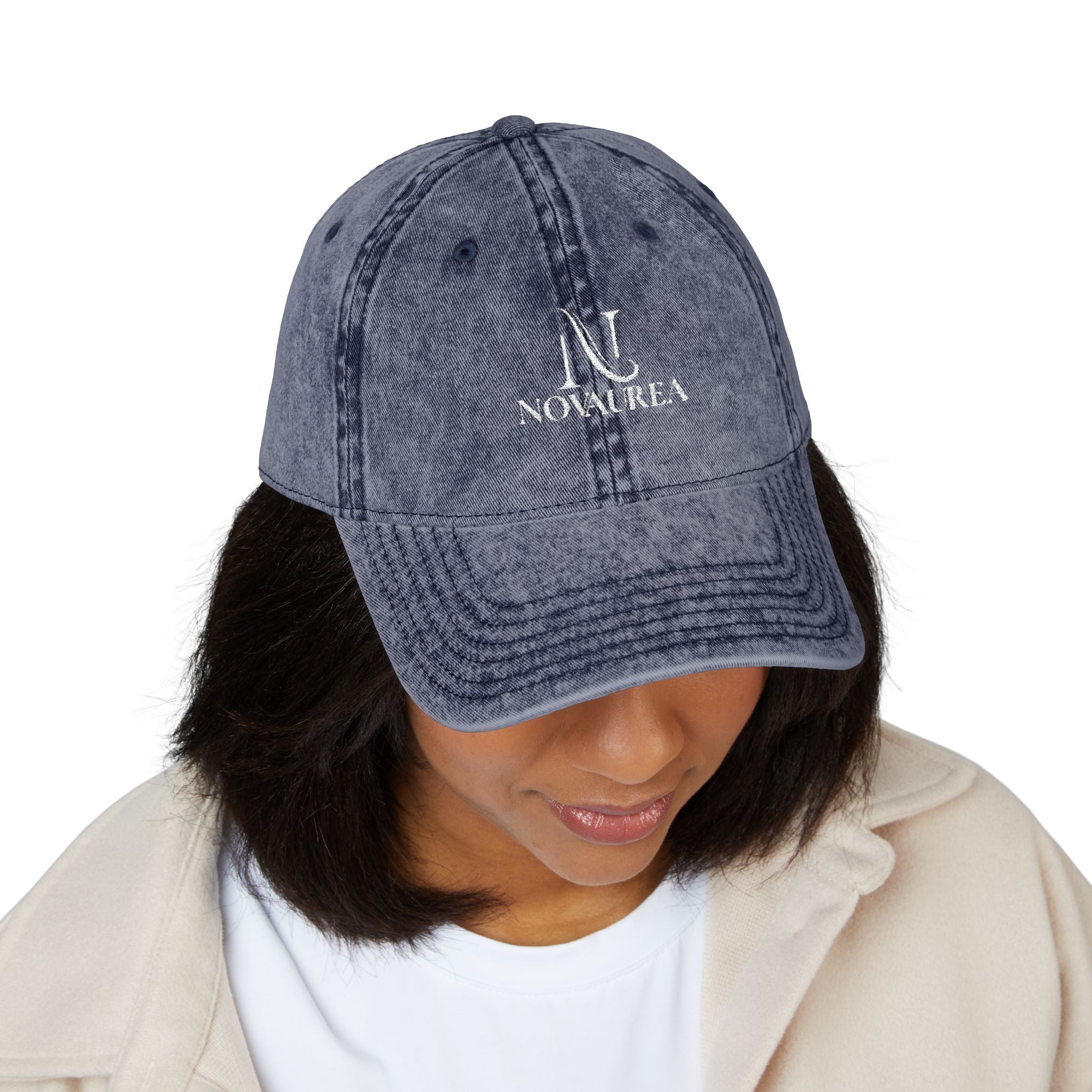 Vintage Embroidered Cap — Distressed Cotton Baseball Hat with 'NOVUREA' Logo