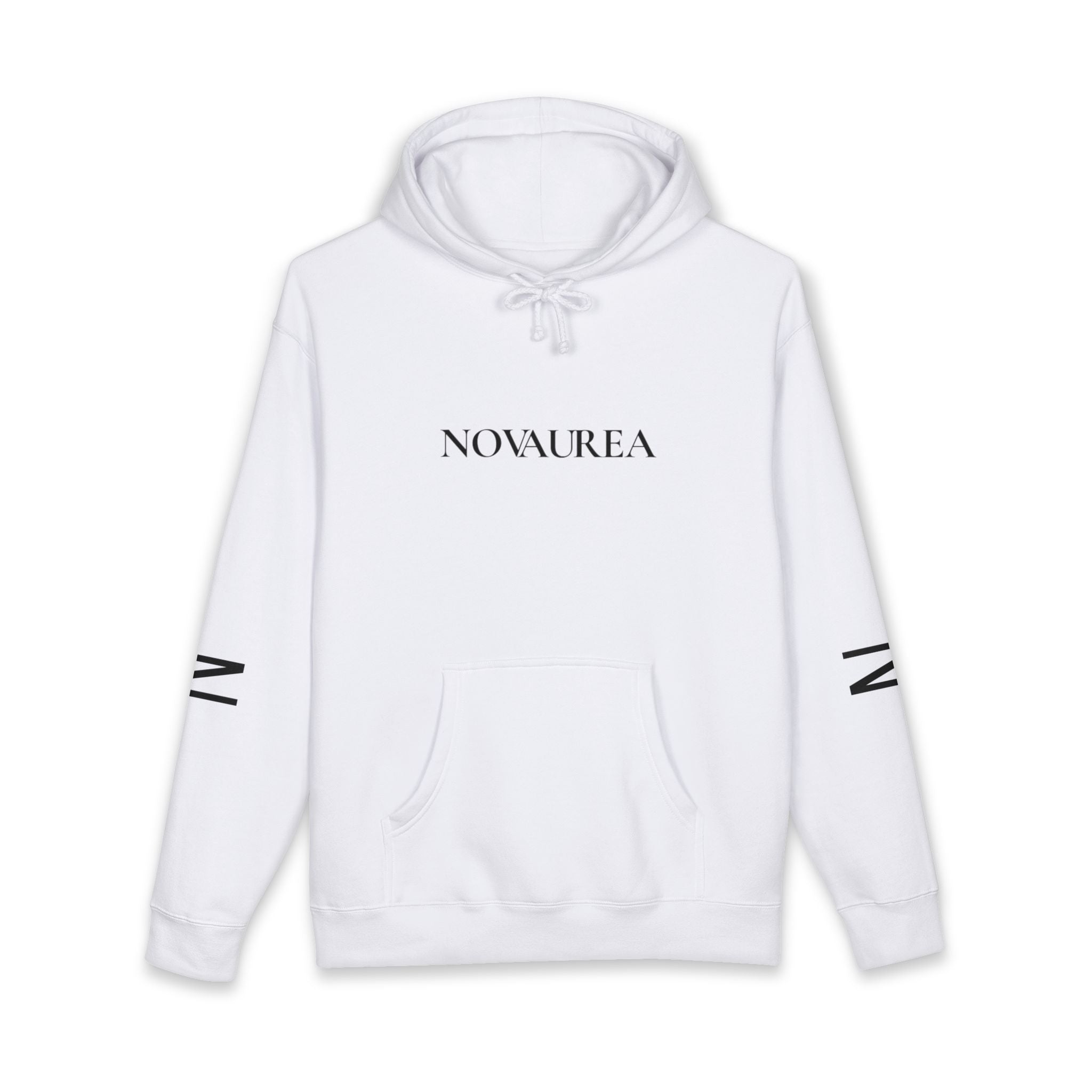 Novaurea Minimal Logo Hoodie — White Pullover with Sleeve Accents