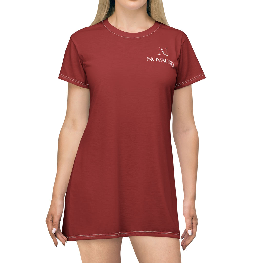 T-Shirt Dress — Minimal 'Nova Area' Logo Red AOP Dress