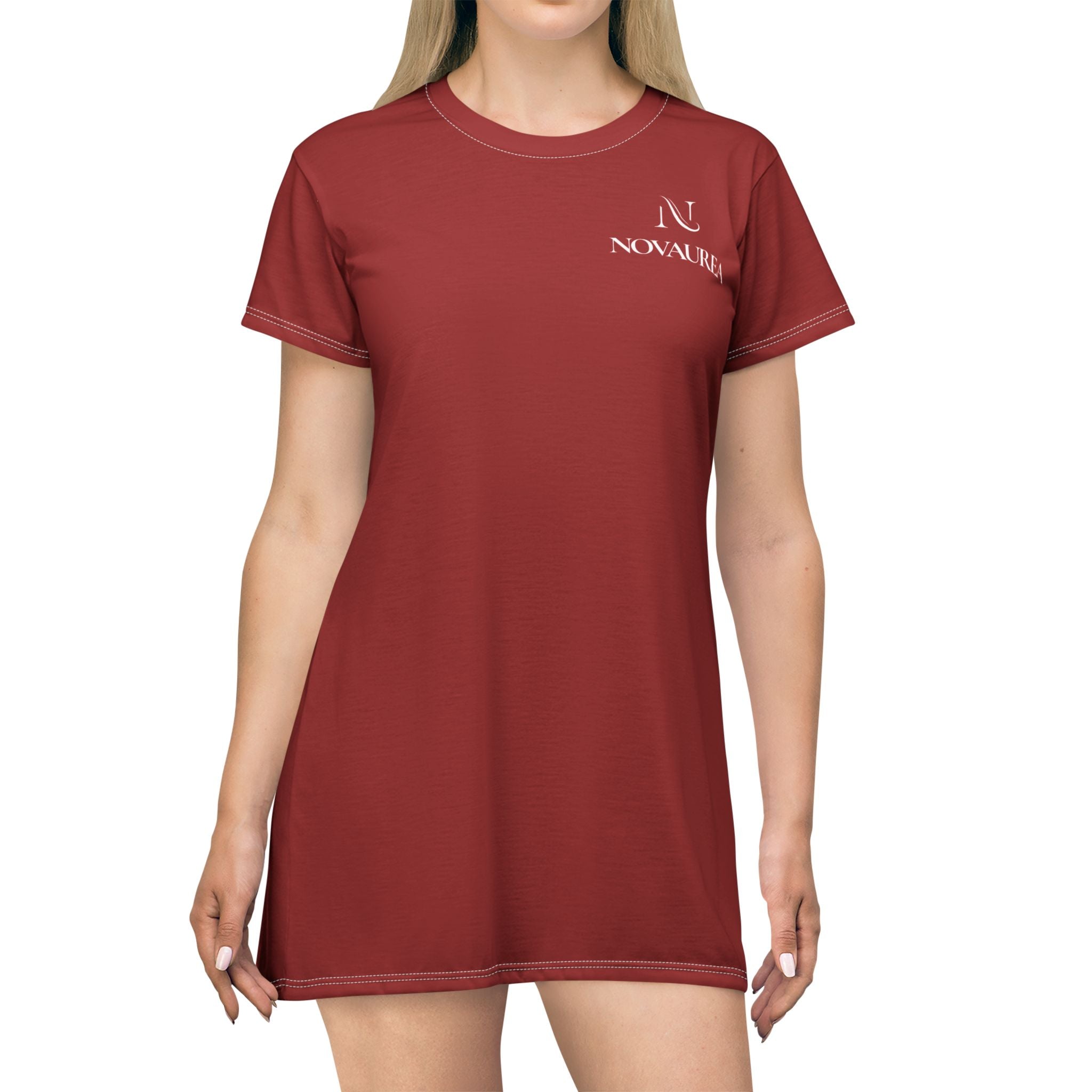 T-Shirt Dress — Minimal 'Nova Area' Logo Red AOP Dress