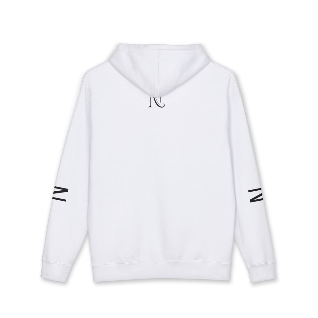 Novaurea Minimal Logo Hoodie — White Pullover with Sleeve Accents