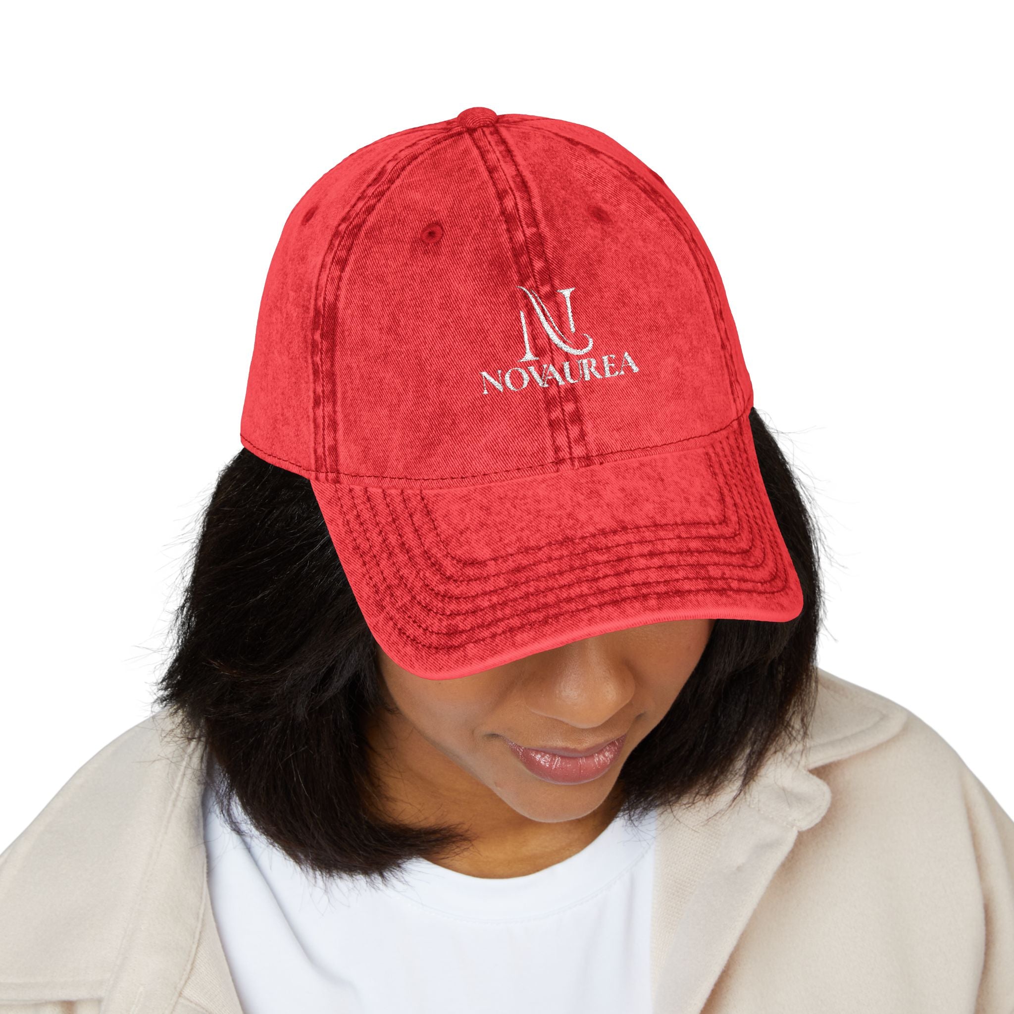 Vintage Embroidered Cap — Distressed Cotton Baseball Hat with 'NOVUREA' Logo
