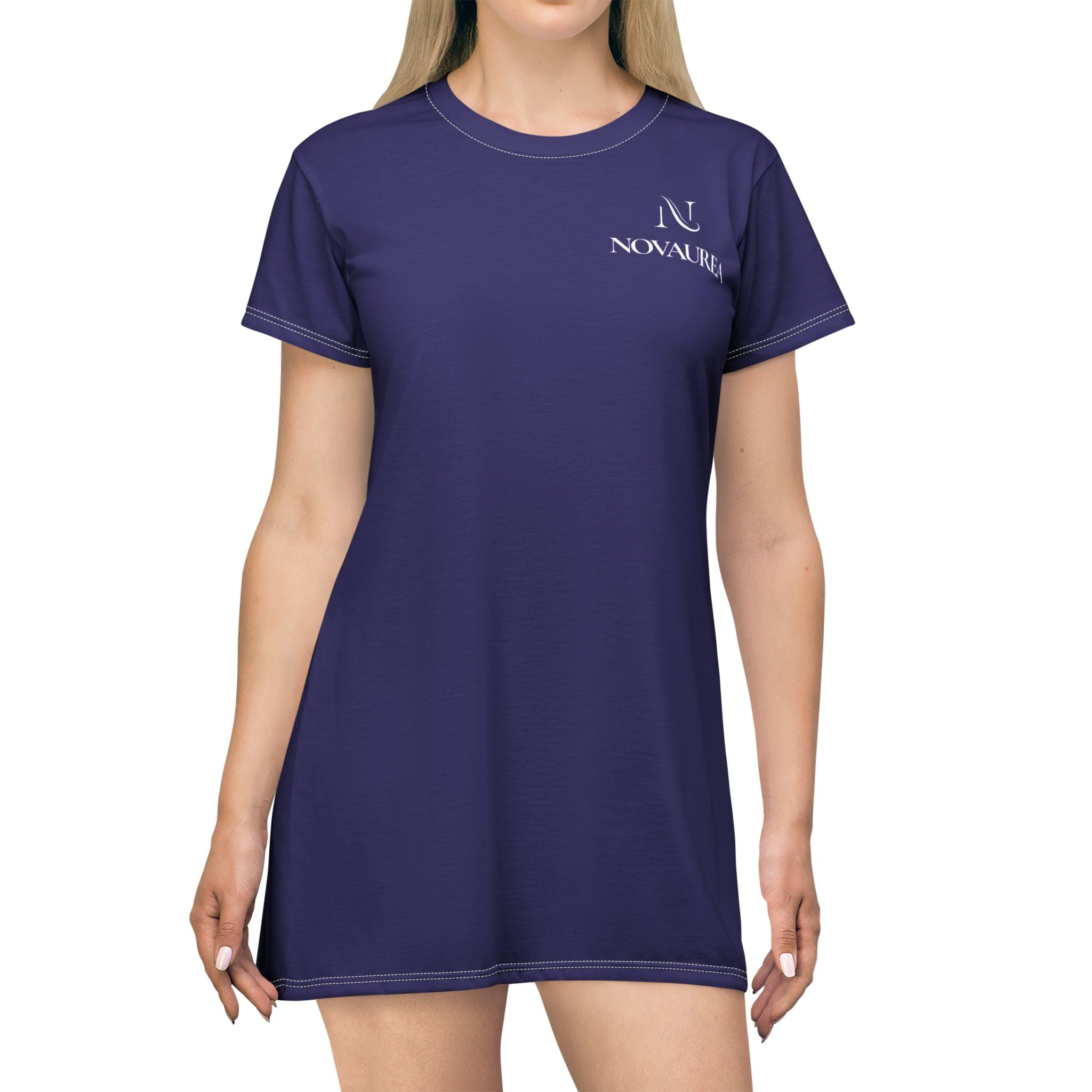 Copy of T-Shirt Dress — Minimal 'Nova Area' Logo Navy Blue AOP Dress