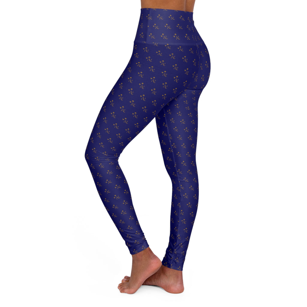 High-Waisted Navy Yoga Leggings with Gold Floral Pattern