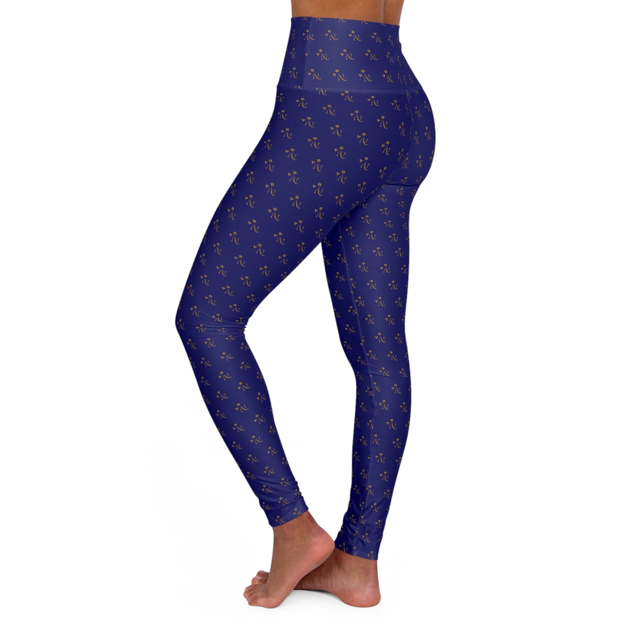 High-Waisted Navy Yoga Leggings with Gold Floral Pattern