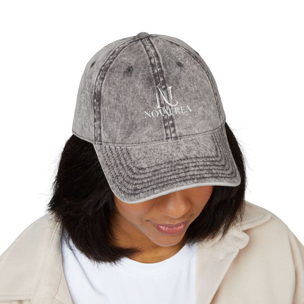 Vintage Embroidered Cap — Distressed Cotton Baseball Hat with 'NOVUREA' Logo
