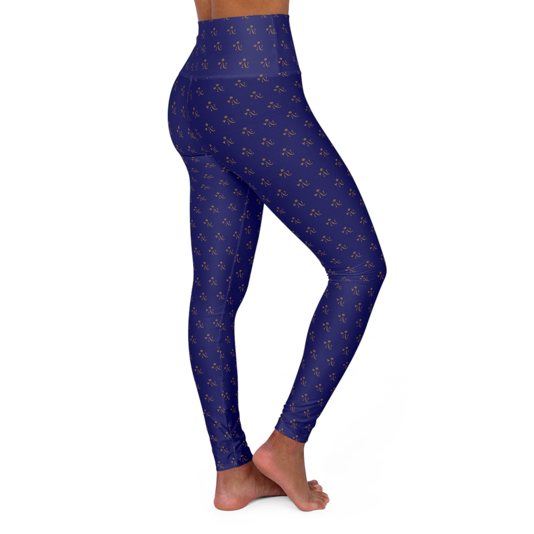 High-Waisted Navy Yoga Leggings with Gold Floral Pattern