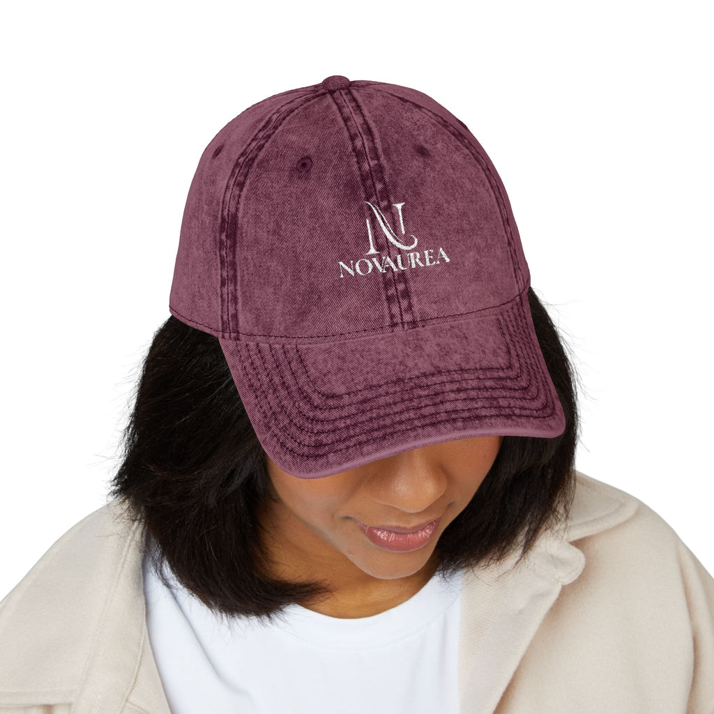 Vintage Embroidered Cap — Distressed Cotton Baseball Hat with 'NOVUREA' Logo
