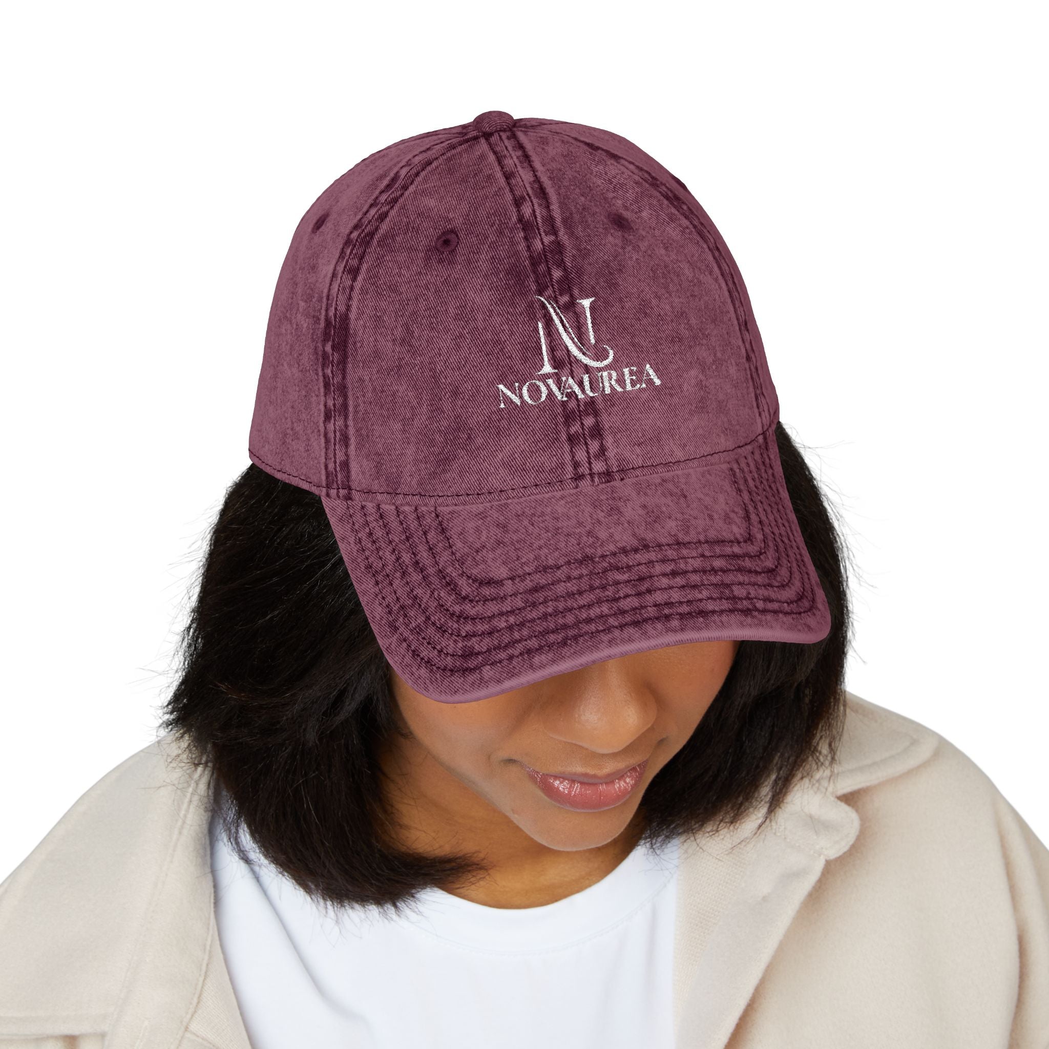 Vintage Embroidered Cap — Distressed Cotton Baseball Hat with 'NOVUREA' Logo
