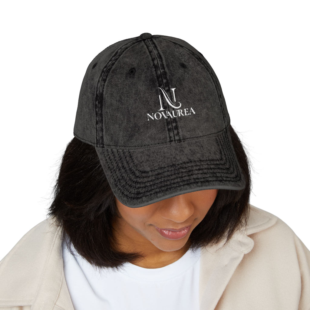 Vintage Embroidered Cap — Distressed Cotton Baseball Hat with 'NOVUREA' Logo
